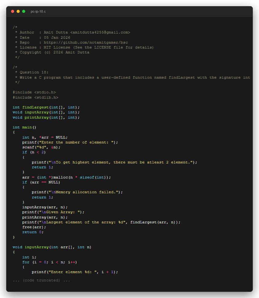 Question 18: Write a C program that includes a user-defined function named findLargest with the signature int findLargest(int arr[], int size);.